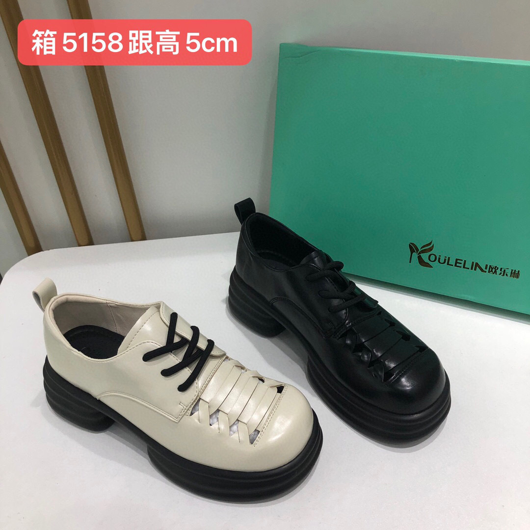 5158厚底粗跟小皮鞋2024新款英伦风单鞋透气增高休闲圆头女鞋