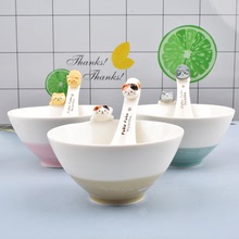 日式可爱趴猫碗创意勺子米饭碗儿童个性猫脸陶瓷高颜值卡通简约碗