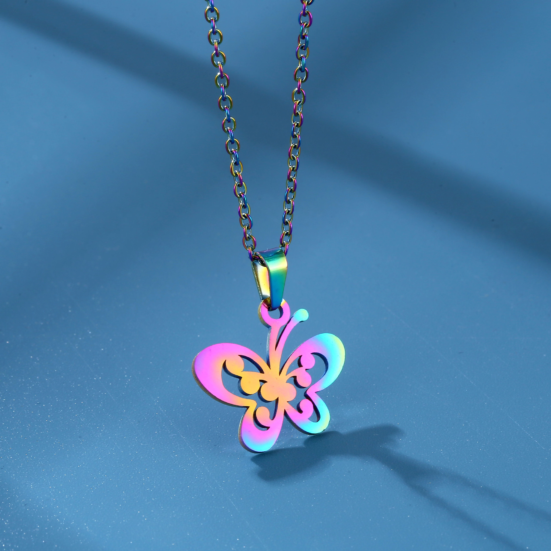 Amazon New Colorized Butterfly Stainless Steel Necklace and Earring Suit Pendant Ornaments Female Christmas Gift