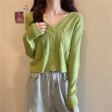 针织衫女秋季新款韩版宽松显瘦洋气外穿短款复古长袖开衫外套