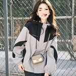 休闲韩版春秋外套女时尚宽松连帽大码2025拼色冲锋衣夹克拼接新款