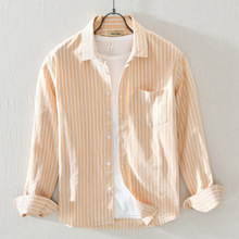 8803纯棉日系复古条纹美式休闲衬衫男士春季宽松大码港风长袖