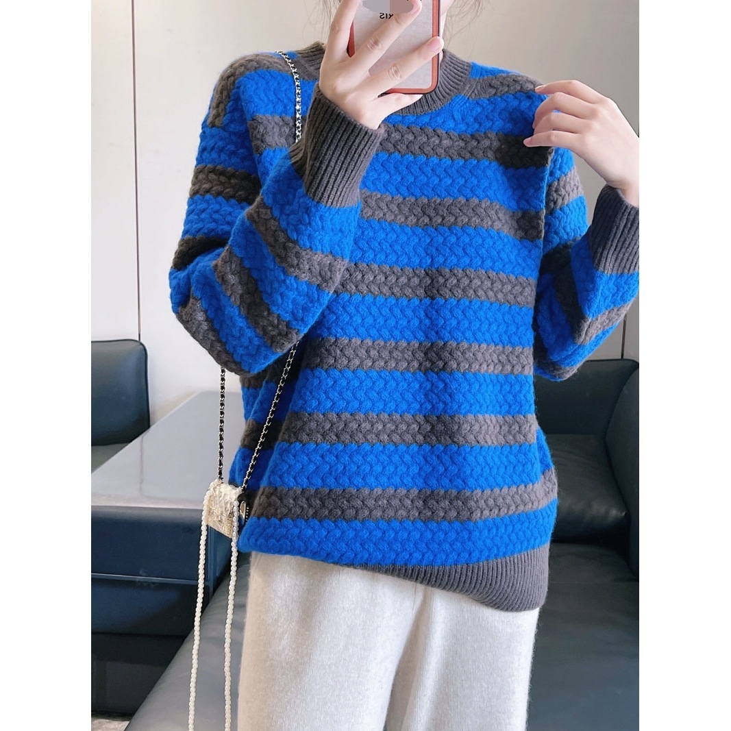 欧洲站21秋冬新款软糯山羊毛针织衫圆领横向编织拼色条纹毛衣女