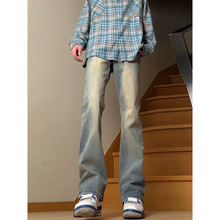 T浅蓝色牛仔裤男款美式复古vibe裤子高个子加长直筒高腰提档微喇