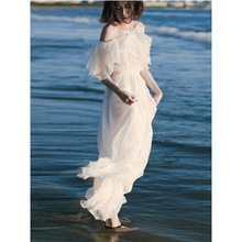 海南三亚沙滩裙女夏季白色长裙雪纺海边度假裙子一字肩连衣裙