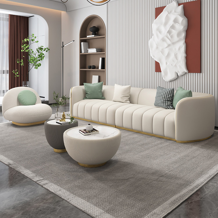 软装设计师网红沙发皮艺样板间客厅不锈钢米白色四人位头层皮沙发