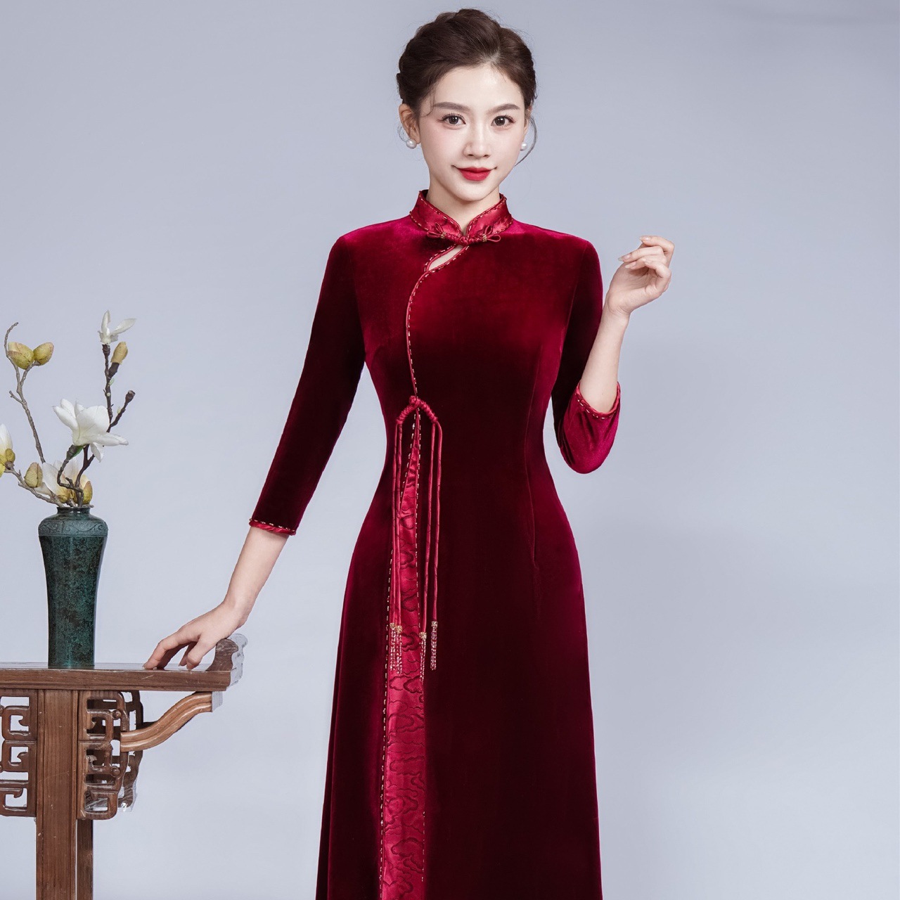 古蕴跨境热卖国风喜婆婆旗袍婚宴喜妈妈晚礼服改良款高档敬酒旗袍