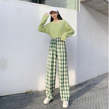 Summer Stall Ice Silk Plaid Pants Straight Drooping Trousers Thin Loose Casual Pants High Waist Lattice Loose Pants Women
