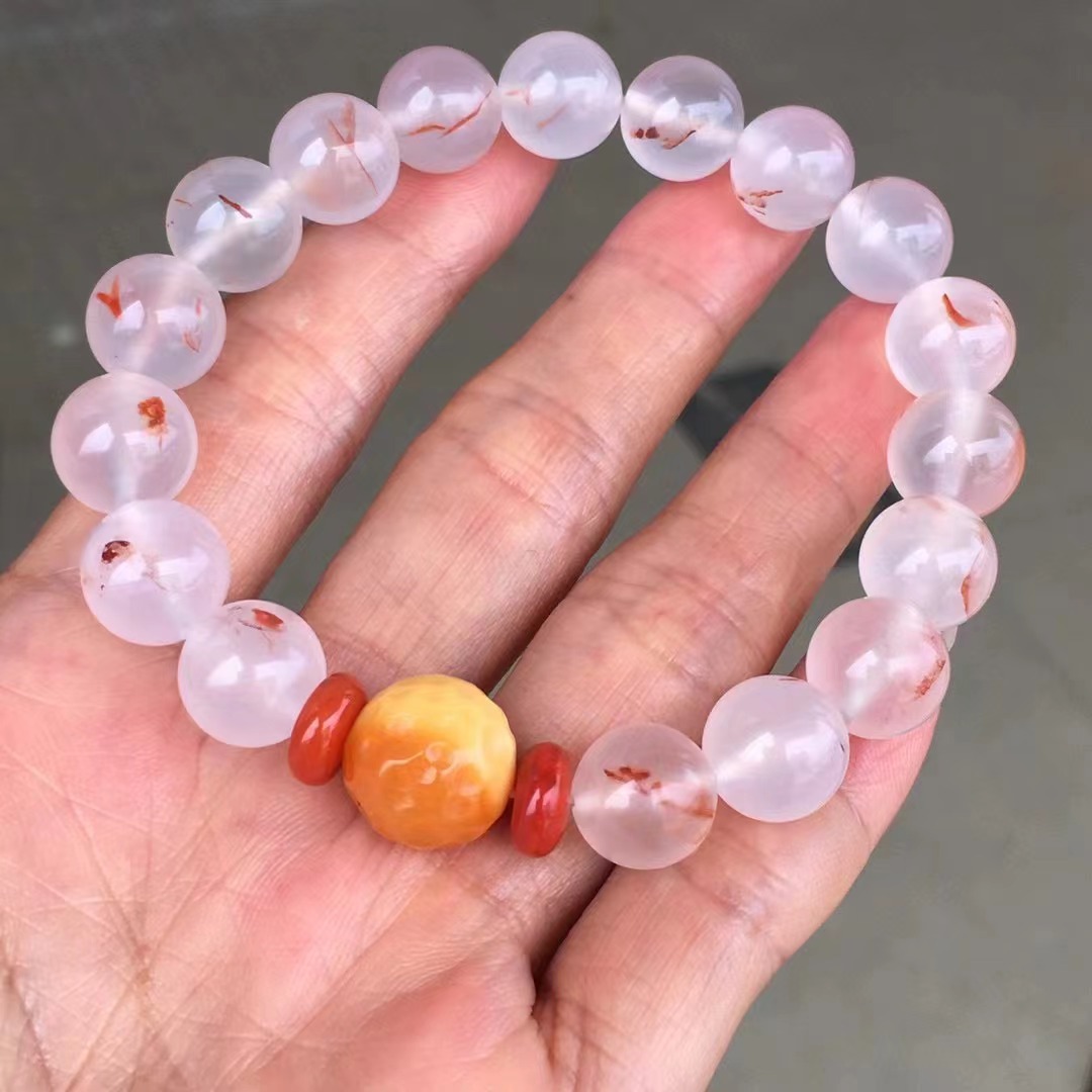天然川料南红高冰飘红手链 单圈圆珠手串搭配缅黄 柿子红隔片配珠