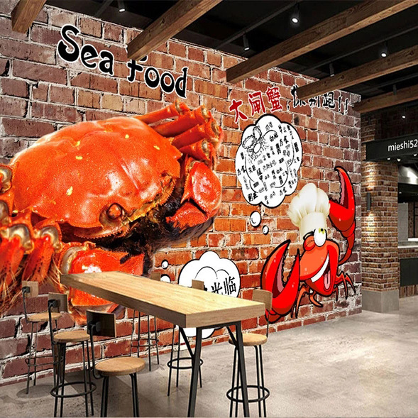 海鲜店墙面装饰3d立体贴纸防水螃蟹龙虾图片贴画餐厅超大墙纸自粘