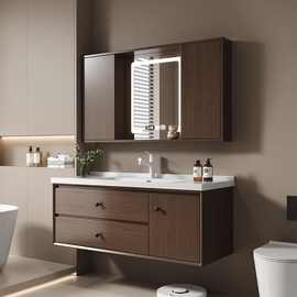 中式胡桃木陶瓷实木古风一体推拉风水镜浴室柜组合折叠隐藏洗脸盆