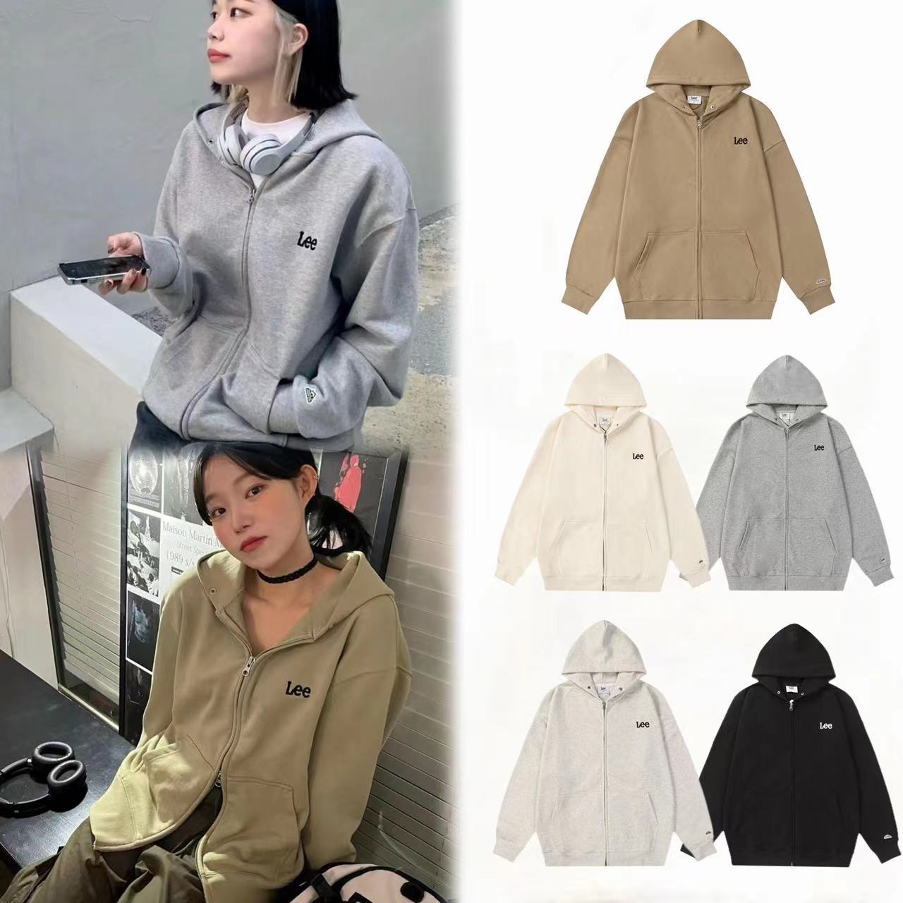 韩国潮牌lee卫衣连帽外套纯棉毛圈刺绣小标宽松小樱花文星伊同款