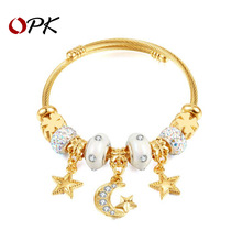 opk饰品欧美时尚DIY钢丝圈手环外贸个性星月吊坠金色开口钛钢手镯