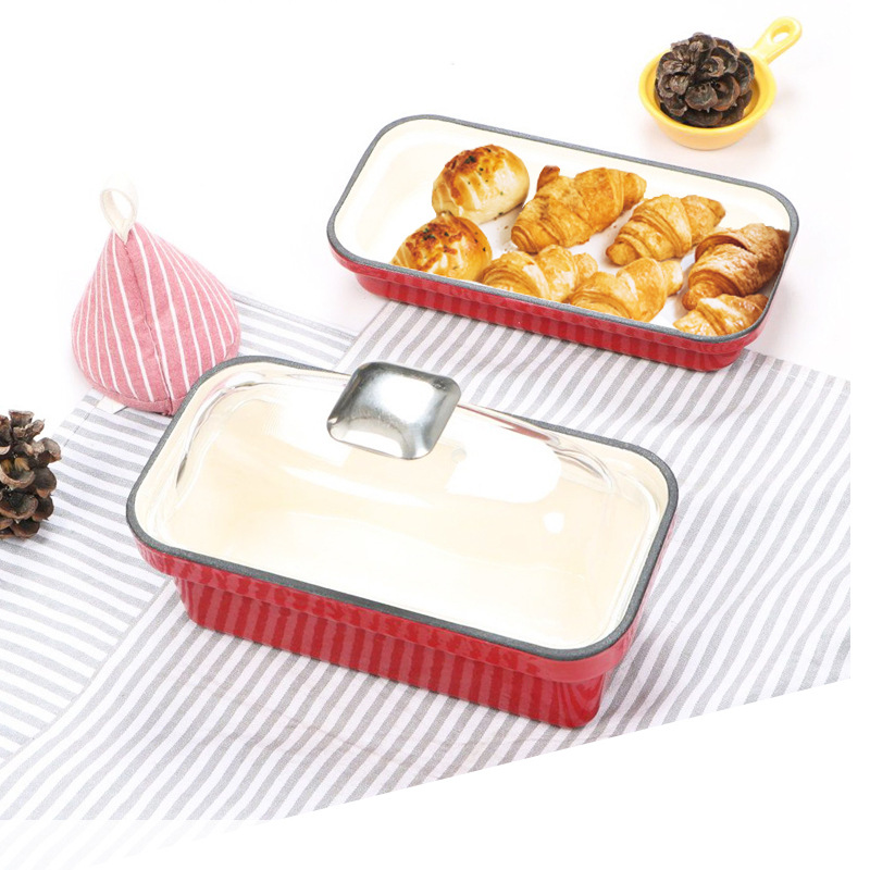 厂家批发零售铸铁珐琅锅多色方盘烤鱼烤虾烤肉菜面包多功能煎盘