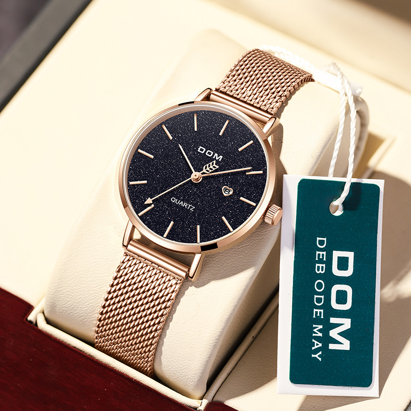 dom手表女繁星系列轻奢机械风石英时尚学生女士腕表 黑面玫金网带