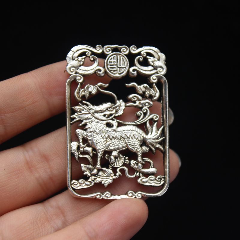 仿古白铜鎏银正反两面麒麟牌子吊坠 麒麟挂坠 福在眼前吊坠