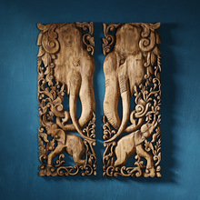 泰国木雕壁挂客厅玄关泰式装饰挂件大象实木雕刻工艺品雕花板墙饰