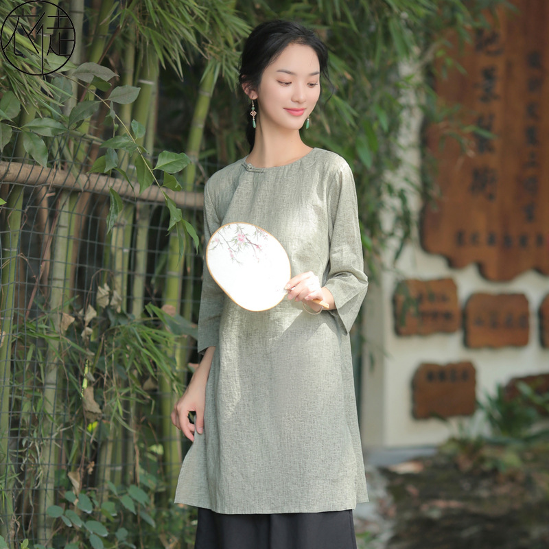 棉麻茶服复古旗袍上衣女款中长款禅意素衣套装禅服女士居士服夏季