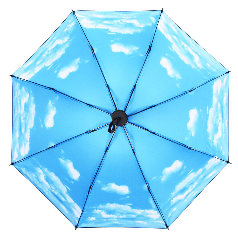 8-Bone Sun Protection Folding Umbrella Vinyl UV Protection Three-Fold Sun Umbrella Manual Blue Sky White Clouds Rain Or Shine Dual-Use Umbrella