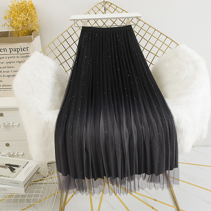 两面穿金丝绒半身裙女秋冬中长款渐变百褶仙女裙子高腰亮片网纱裙