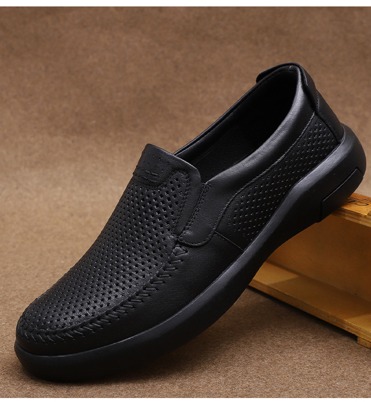 休闲皮鞋男夏季透气头层牛皮男鞋镂空打孔中年男士橡胶软底爸爸鞋
