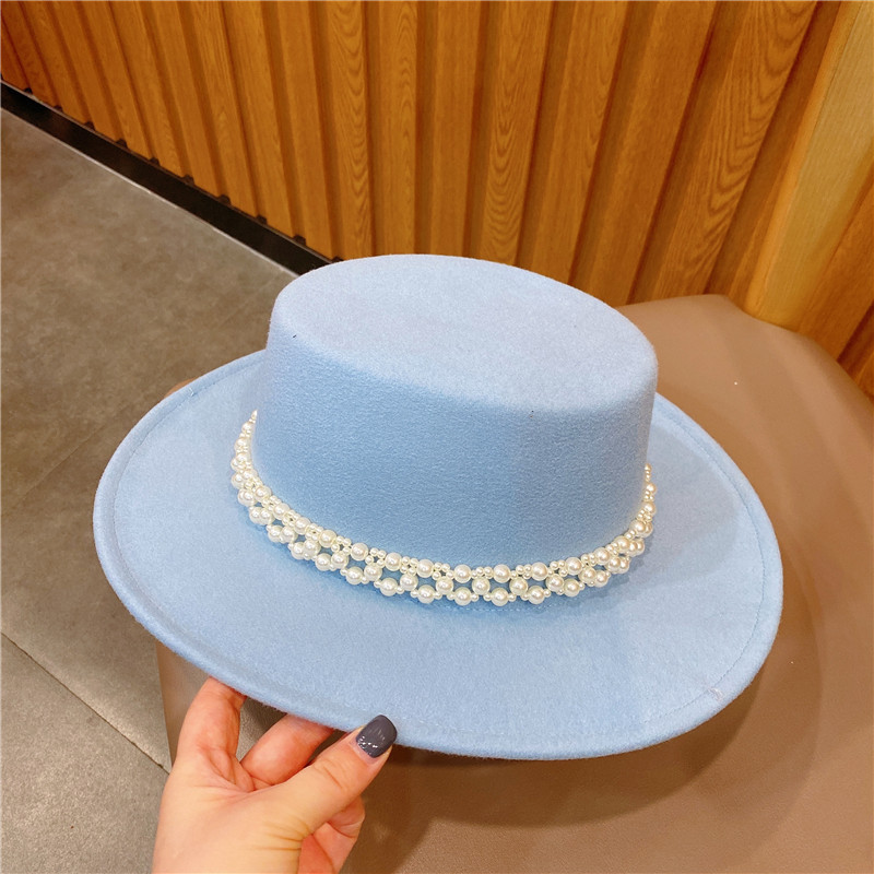 法式高端珍珠链条毛呢平顶帽女秋冬英伦名媛毛毡帽子时尚爵士帽子