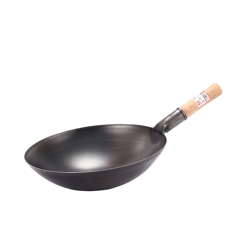 Wooden Handle Black Steel Wok Household Uncoated Frying Pan Enterprise Hotel Commercial Low Lampblack Non-Stick Pan