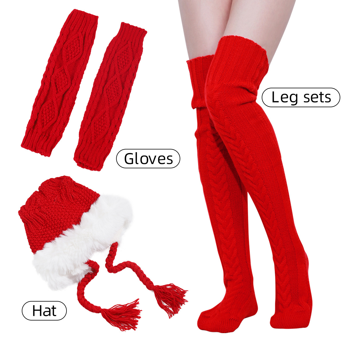 骑行冬天手套跨境菱形毛线保暖男女手套袖套毛线帽子长筒袜圣诞