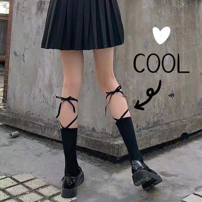 绑带袜炸街女交叉中筒长袜女潮网红款日系lolita黑白软妹小腿厂家