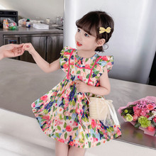 女小童玫瑰花裙2023夏季新款女孩时尚韩版飞袖甜美公主裙子