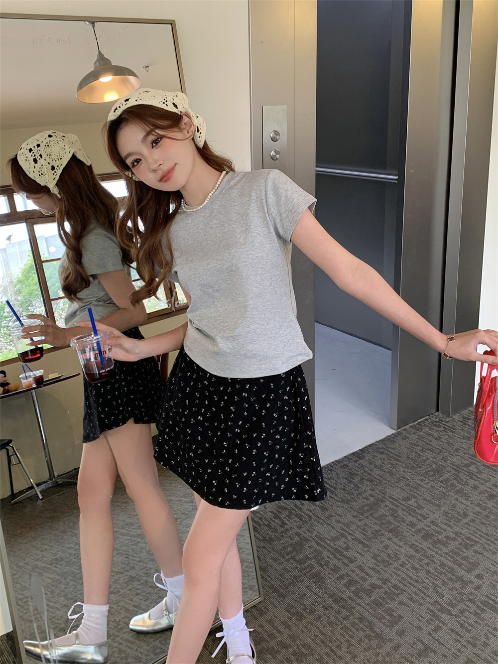 2024复古小碎花半身裙夏季韩版小碎花甜美华夫格高腰a字小短裙女