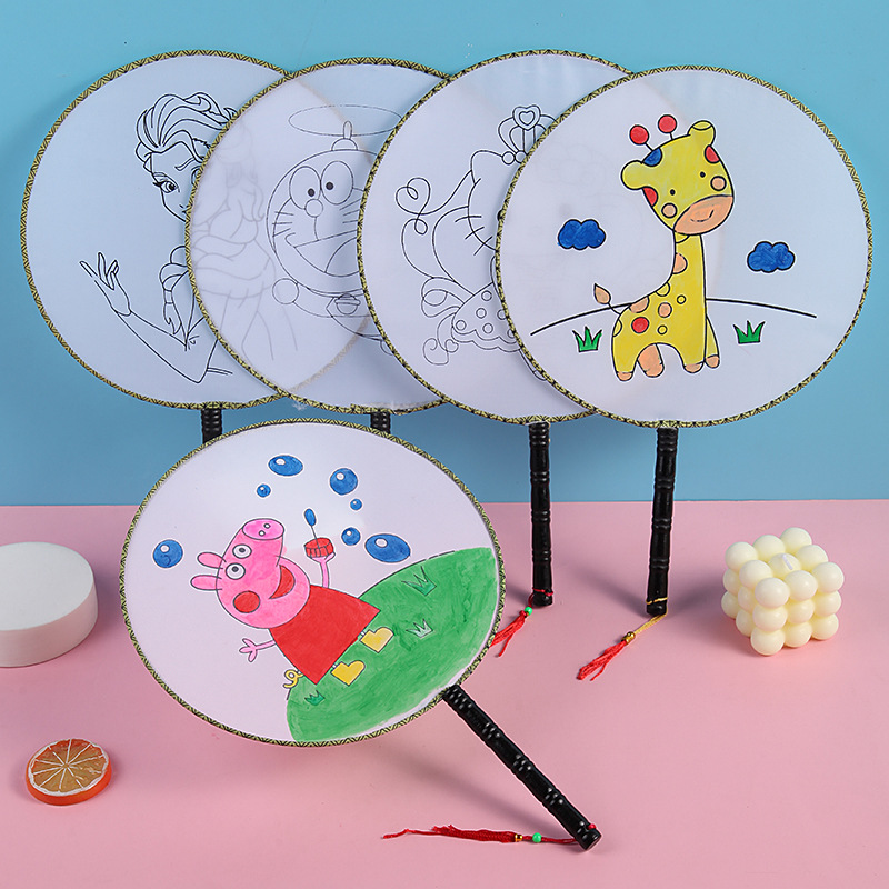 Children's Handmade DIY Painted Graffiti Fan Blank Temple Fan Circular Fan Wholesale Hand Painted Fan Stall Toy Material Package