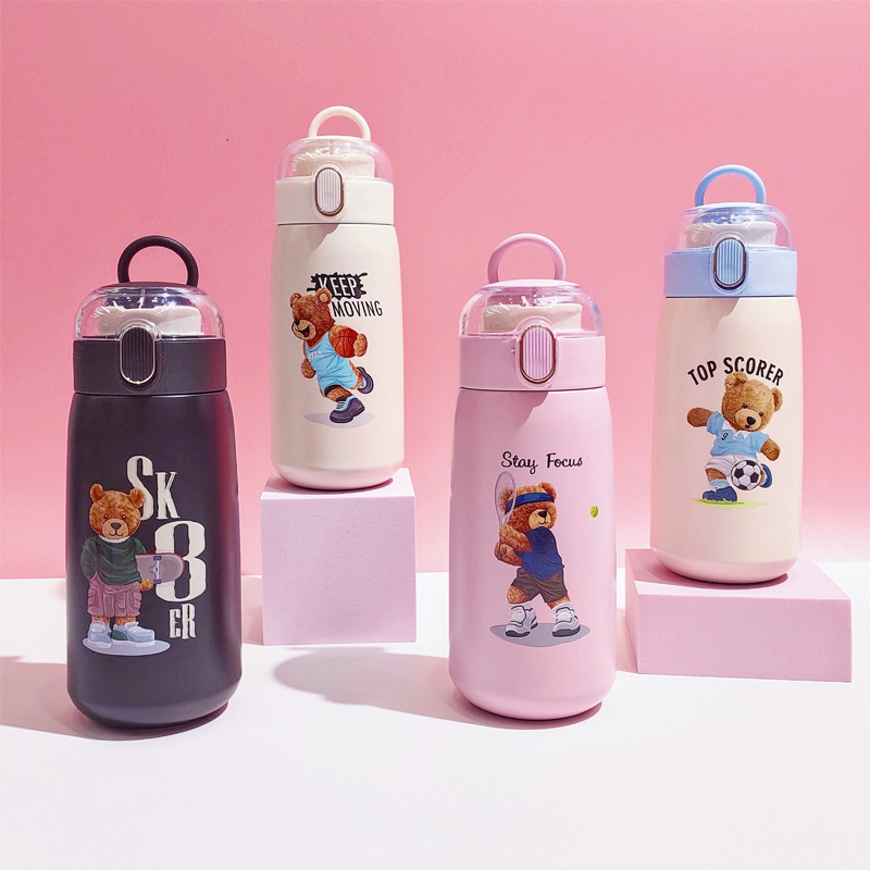 Factory Direct Sales Cross-Border 316 Stainless Steel Vacuum Cup Direct Drink Handle Cover Cartoon Uv Print Teddy Bear Big Belly Cup