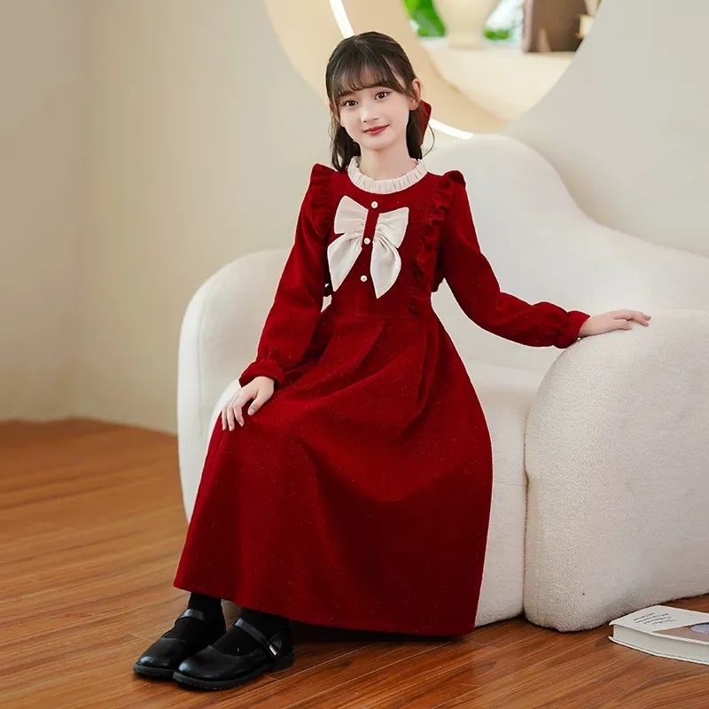 女童公主裙秋冬新款洋气中大童蝴蝶结连衣裙冬季小女孩红色新年服