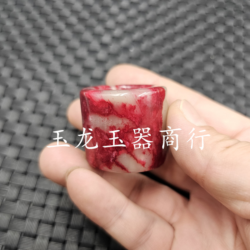 仿古岫玉扳指鸡血红玉石扳指加宽加大号玉扳指男女同款手饰指环