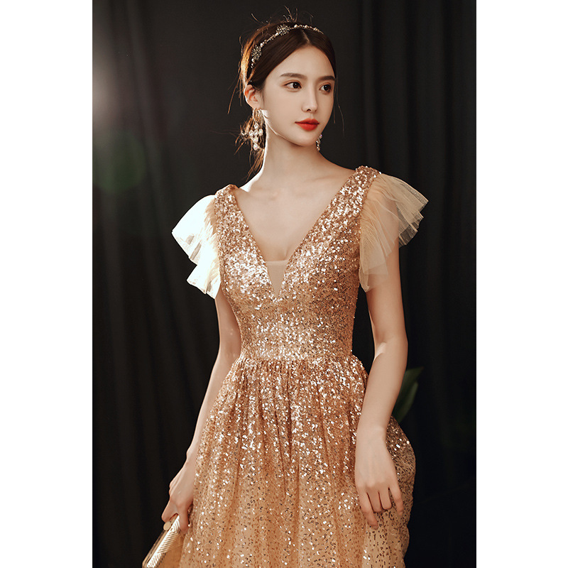 金色晚礼服女2022新款主持人年会连衣裙性感v领平时可穿大气优雅