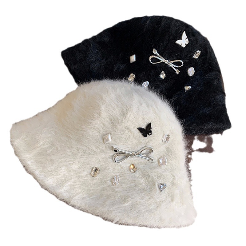 Winter New Korean Style Rhinestone Furry Rabbit Fur Bucket Hat Women's Fashion Leisure Warm Cold-Proof Face Small Bucket Hat