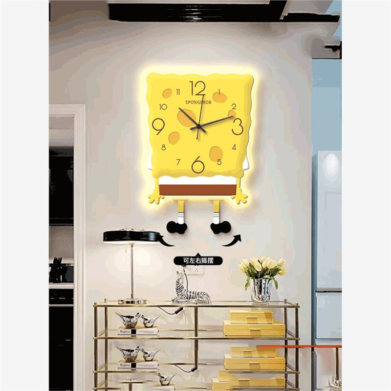 海绵宝宝钟表挂钟客厅2024新款创意时钟壁灯餐厅墙免打孔静音摆钟