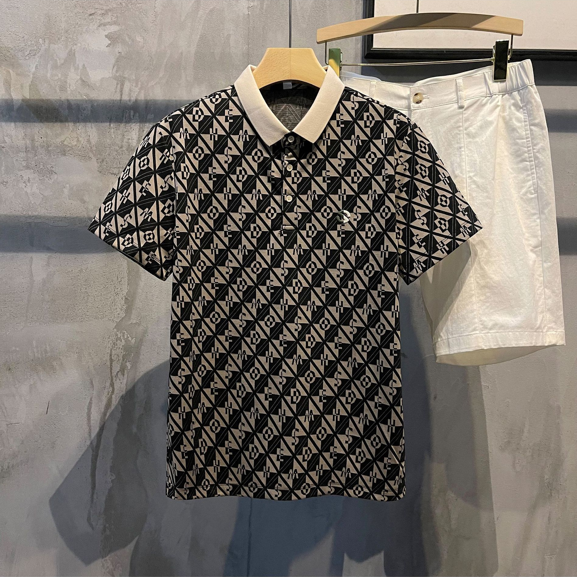 老钱风撞色新款老花布满印POLO衫修身怀旧风男士轻熟保罗上衣」