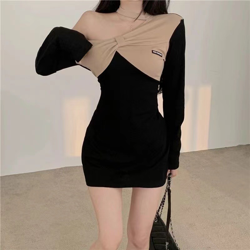 御姐禁欲系露香肩蝴蝶结连衣裙长袖包臀短裙纯欲辣妹穿搭