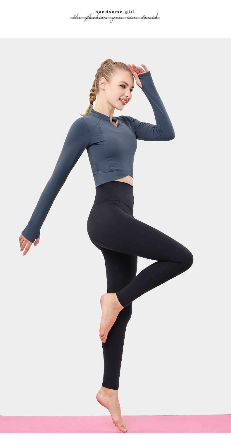 跨境欧美新款瑜伽服女紧身性感显瘦v领跑步健身运动上衣女长袖春