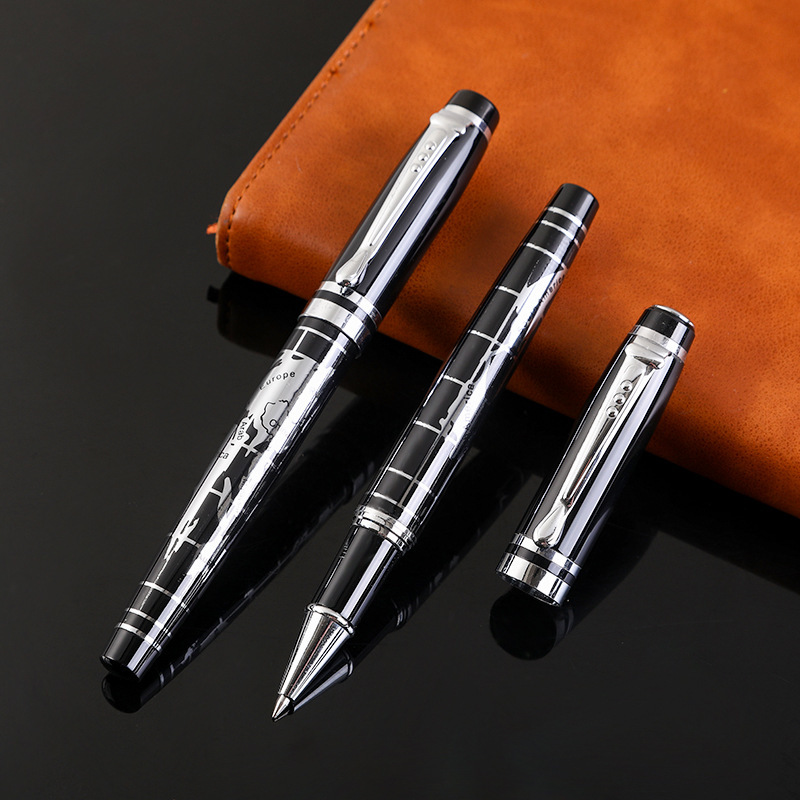 世界地图金属签字笔商务广告礼品笔浮雕笔杆宝珠笔中性笔印logo