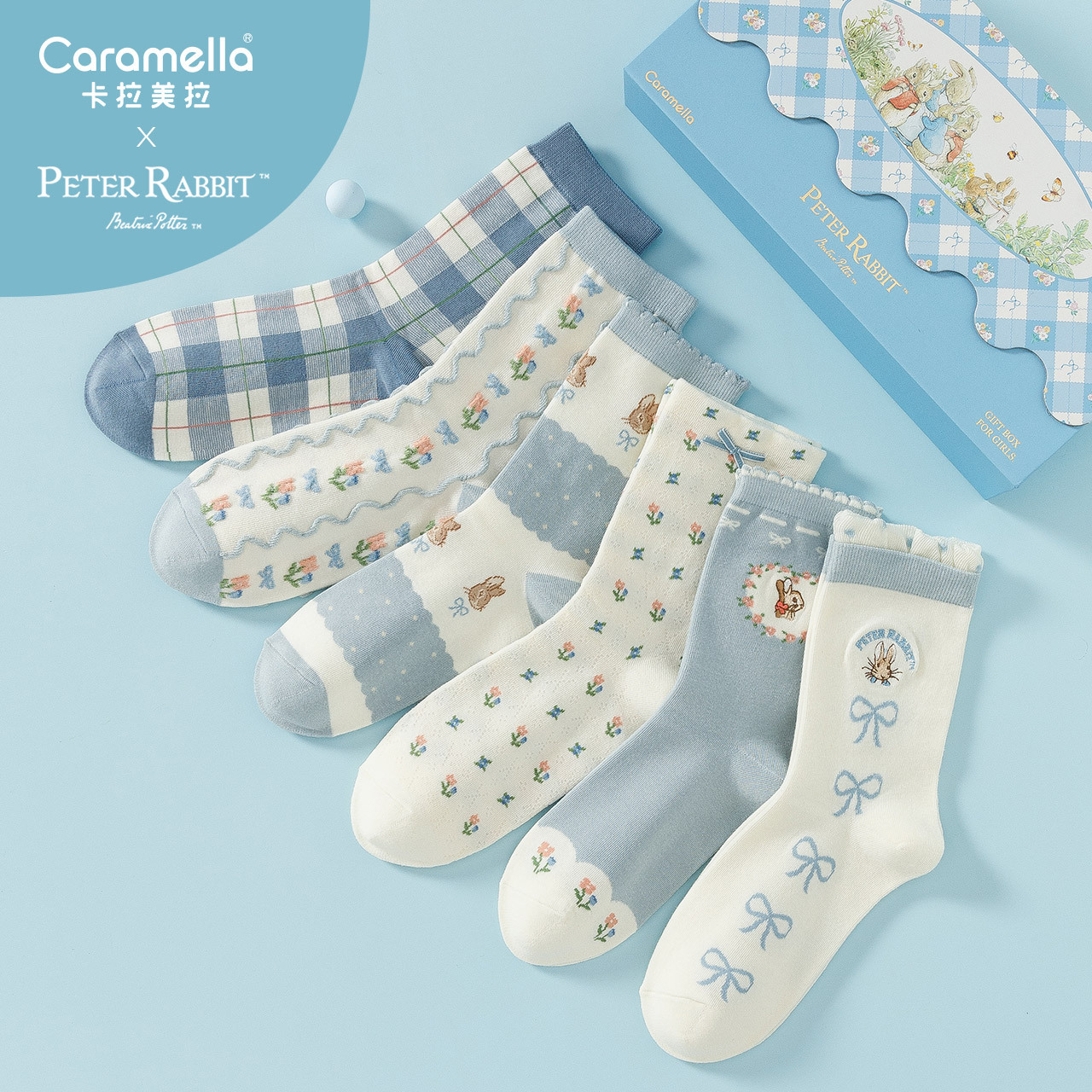 Caramella Rabbit Joint Socks Women's 6 Pairs Women's Gift Box Socks Korean College Style Middle Tube Cotton Socks