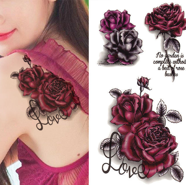 纹身贴防水女仿真性感玫瑰花朵3d纹身贴立体黑影纹身贴纸持久3d胸