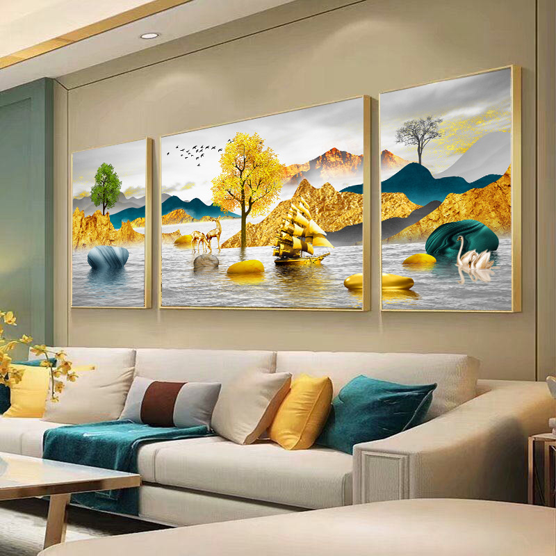现代简约轻奢客厅装饰画三联晶瓷画沙发后墙客厅挂画大气背景墙画