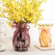 法式丝带创意玻璃花瓶透明欧式客厅百合插花大花瓶电视柜装饰摆件