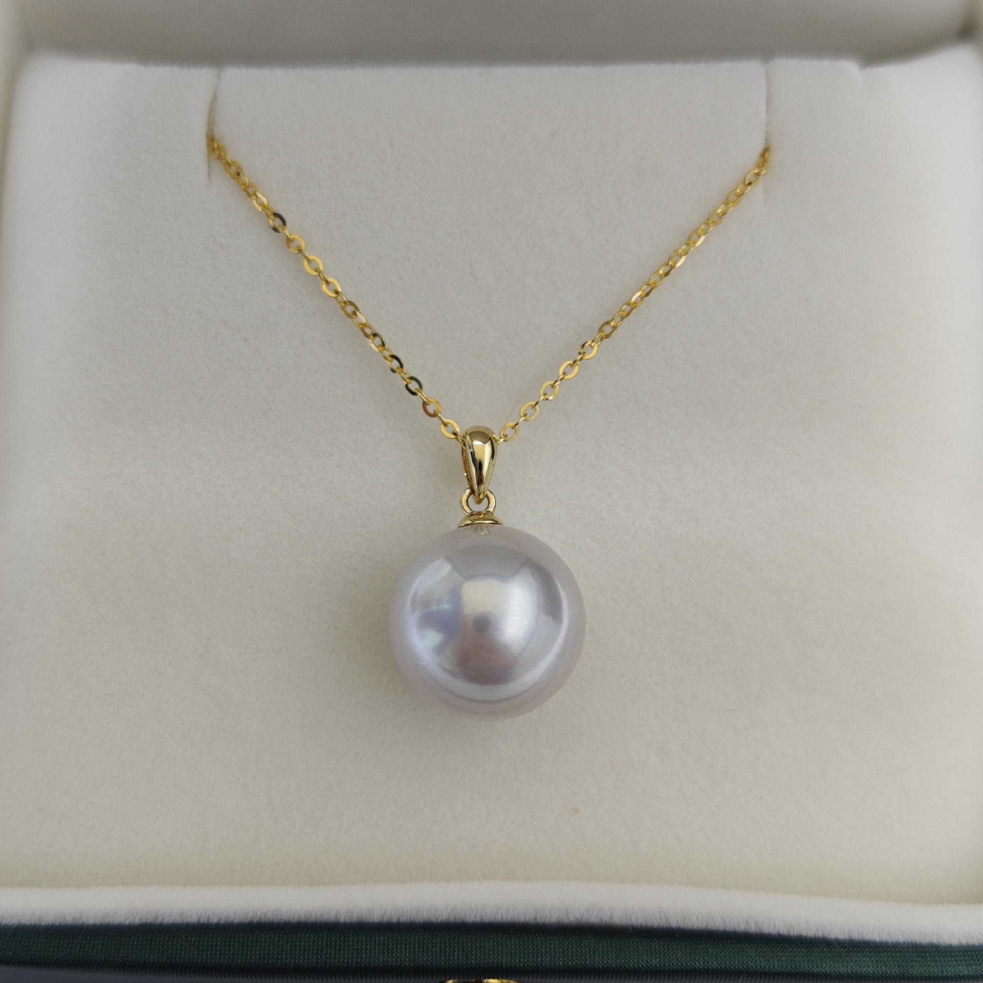 正圆强光微瑕倒映人影18k金13mm淡水爱迪生珍珠项链吊坠瓜子扣