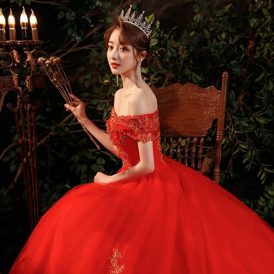 春季新款红色大拖尾婚纱中腰紧身高腰孕妇婚纱小个子一字肩婚