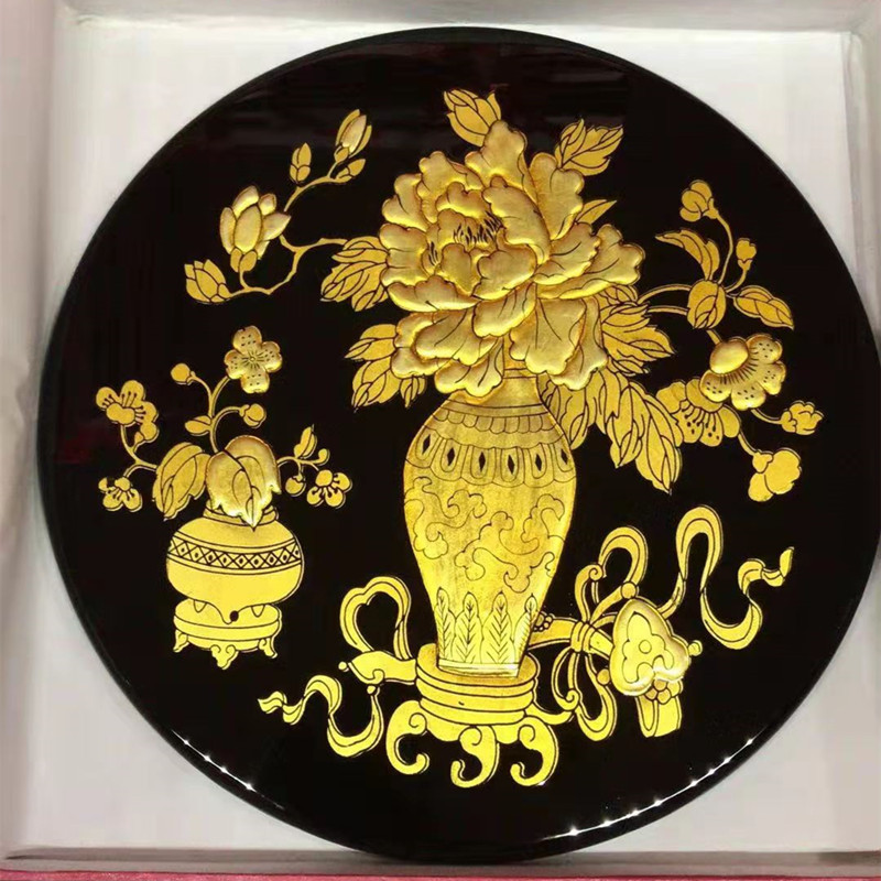 手工彩绘漆器工艺品摆件木质描金彩绘漆画圆盘山西风光装饰品定制