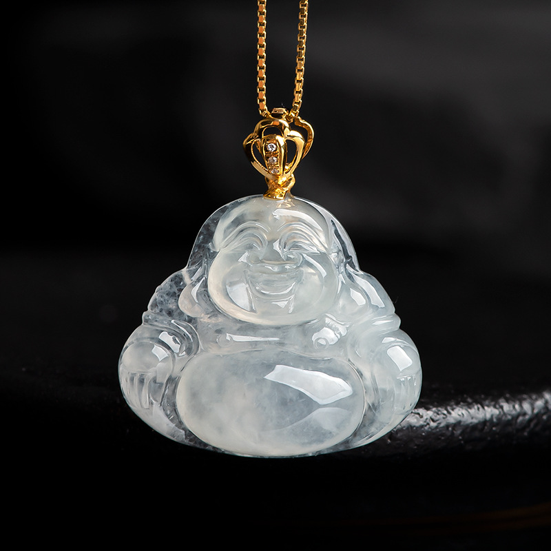 0成交17件天然缅甸a货翡翠佛公吊坠18k金镶嵌冰种玉石挂件女